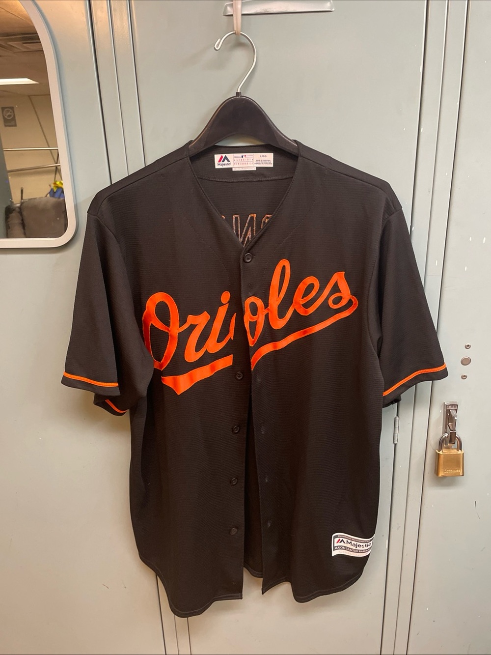 Majestic Black Orioles Script Button-Up Jersey with Orange Logo Jones # 10 EUC